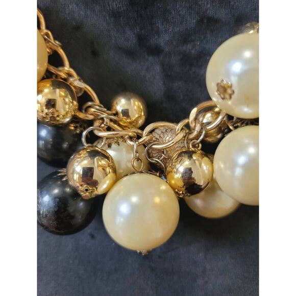 Women's Gold Pearl Black Beaded Necklace Lobster Clasp Chunky Statement - Picture 2 of 6